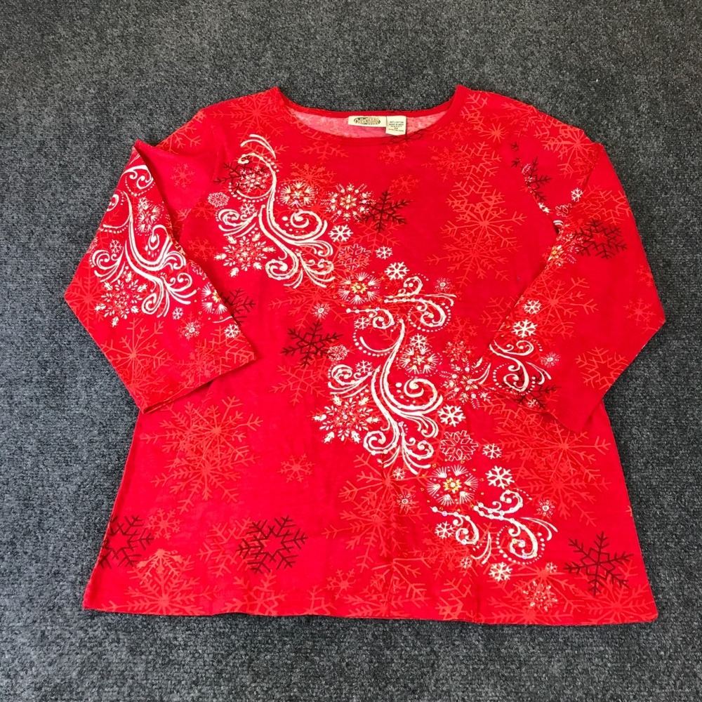 Collections Etc. Blouse Top Women's M Red Cascading Snowflakes Print Round Neck